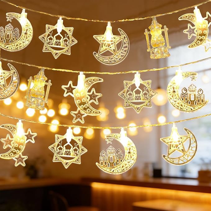 Moon Star String Lights 10FT 20 LED Star Fairy Lights Ramadan Lights with Battery & USB Powered 2 Lighting Modes Waterproof Eid Mubarak lights for Ramadan Decorations Christmas New Year Wedding Party
