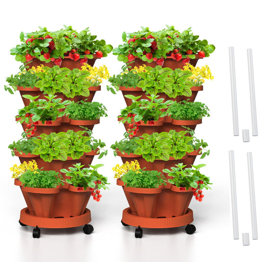 Tectsia Strawberry Vertical Planters 2 Pack, 5 Tiered Stacking Tower Garden with Support Pole, Stackable Herb Vegetable Planters Indoor Outdoor Terra Cotta