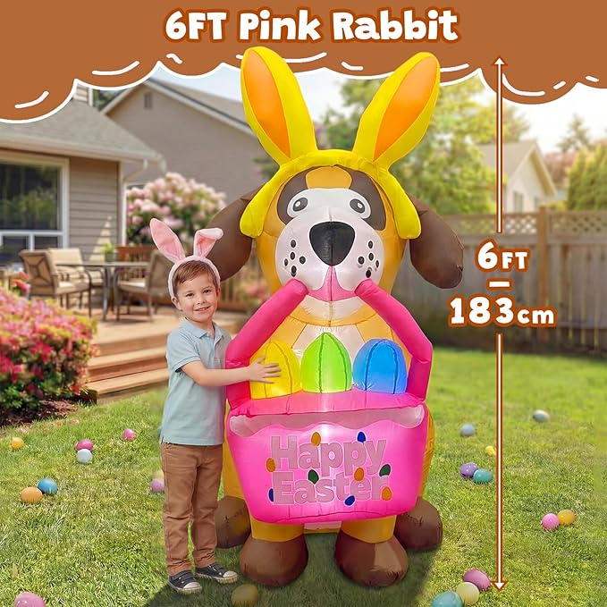6 FT Easter Inflatables Dog Outdoor Decorations with Bunny Ears, Blow Up Easter Dog Holding Eggs Basket with Build-in LED Lights, Giant Spring Holiday Inflatable Yard Decor for Lawn Garden