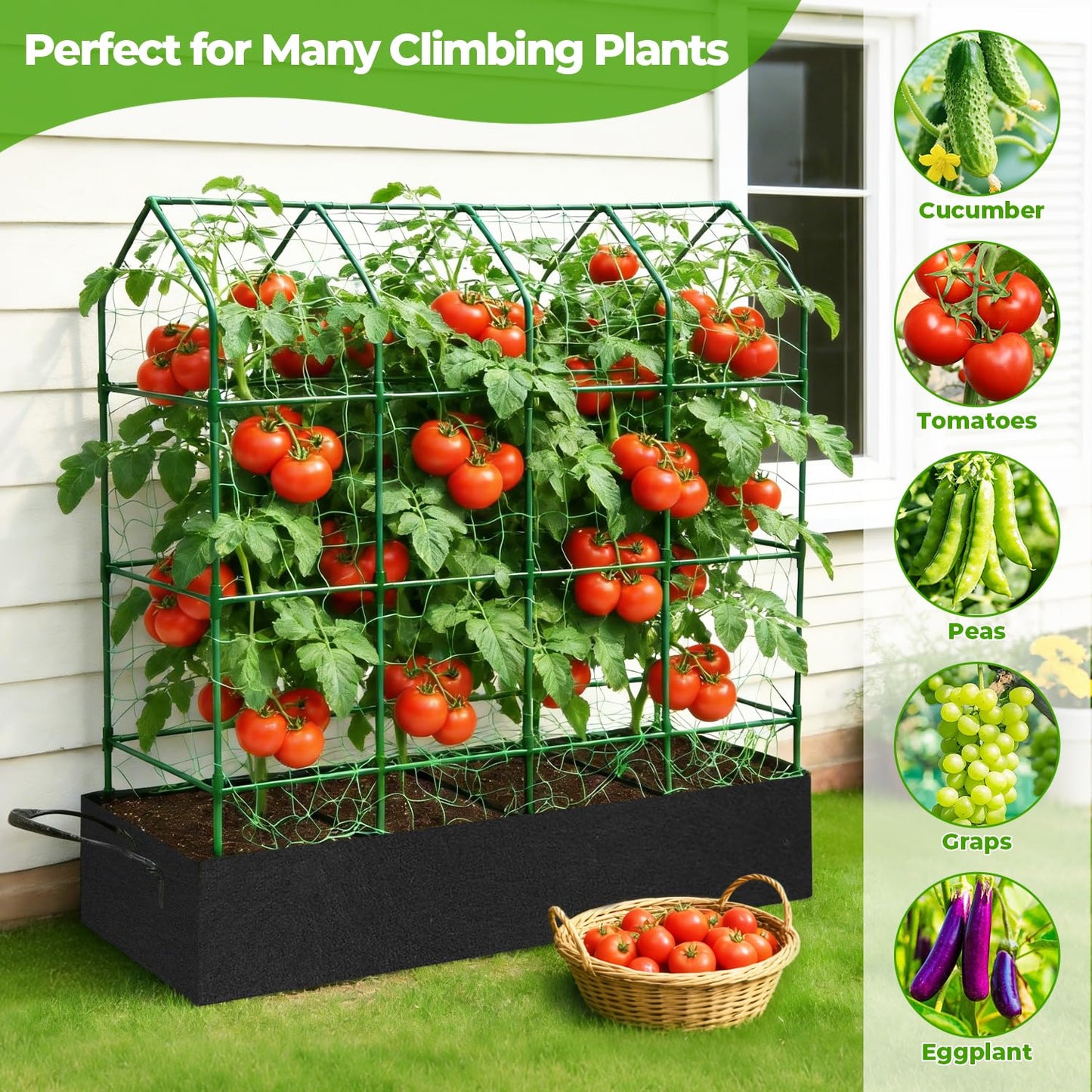 Large Cucumber Trellis for Climbing Plants Outdoor with Grow Bag,67" Tall Metal U-Frame Plant Trellis for Cucumber with Garden Netting and Plant Clip Plant Ties for Vegetables Tomatoes Squash Pea