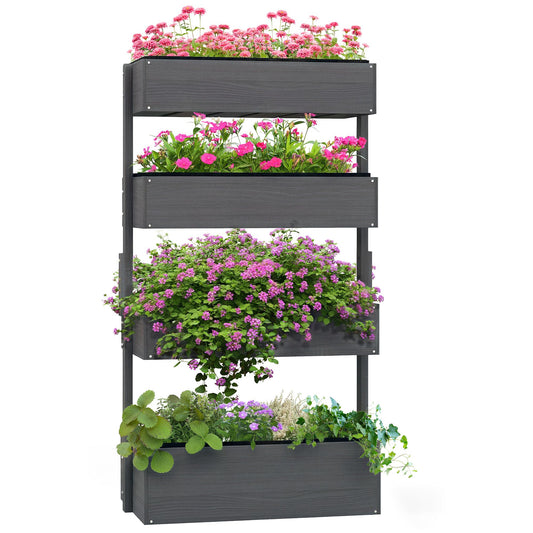 Outsunny Vertical 4 Tier Raised Garden Bed, Wooden Planter Box, Self-Draining with Bed Liner for Indoor Outdoor Flowers, Vegetables and Herbs, Gray