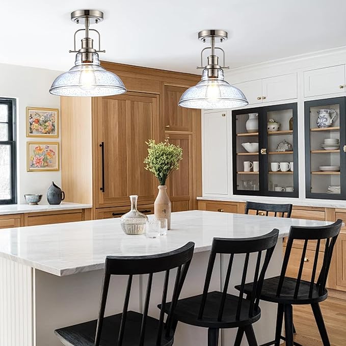 Modern Flush Mount Ceiling Light Fixture, < Bulb NOT Included> Brushed Nickel Finished with Clear Glass Shade, Farmhouse Light Fixture for Kitchen Island Entryway Porch Foyer Dining Room