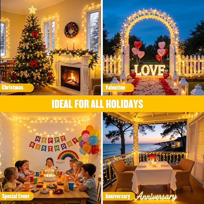 JMEXSUSS 4 Pack 50 LED Battery Operated String Lights Warm White, Each 16.5ft Battery Outdoor Lights with Timer Waterproof, 8 Modes Christmas String Light Indoor for Bedroom Classroom Xmas Decor