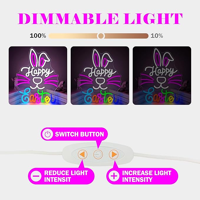 Happy Easter Neon Sign Dimmable Bunny Neon Sign for Wall Decor Led Easter Neon Window Sign, Hanging Neon Light Signs for Party, Bedroom