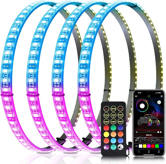 Tavaray 4PCS 15.5" RGB LED Wheel Ring Lights with APP & Remote Control, 178+DIY Dynamic Modes w/Turn Signal Braking and Reverse Function, IP67 Waterproof Wheel Lights for Trucks Pickups Cars Offroad