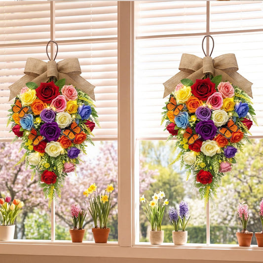 Norme 2 Pack Spring Teardrop Swag Pre-Lit, 23.6" Artificial Rose Teardrop Wreath for Front Door with Burlap Bow Butterflies for Porch Wall Window Stair