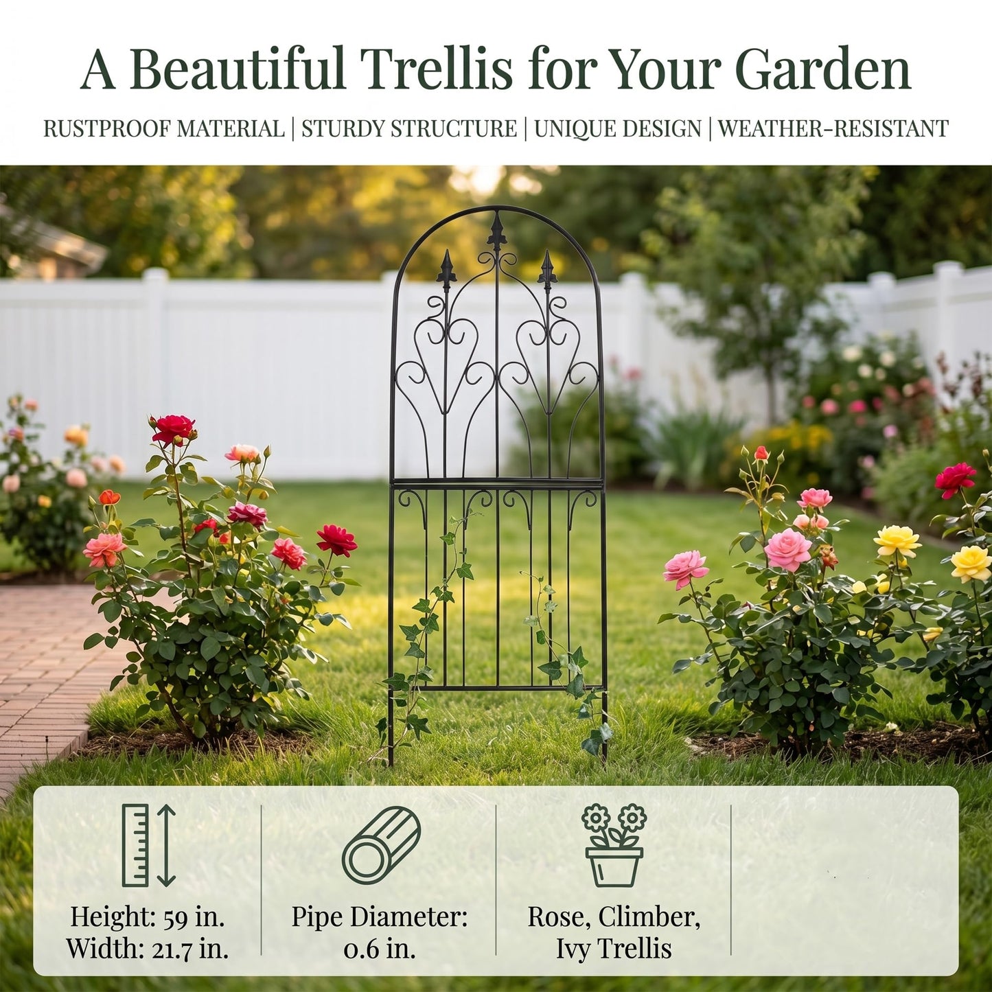 SCENDOR Garden Trellis for Climbing Plants 59" H x 21.7" W Metal Unique Design Decorative Garden Structure Weather-Resistant Lattice Outdoor Decor Flowers Roses Vine Ivy Clematis Black Coating