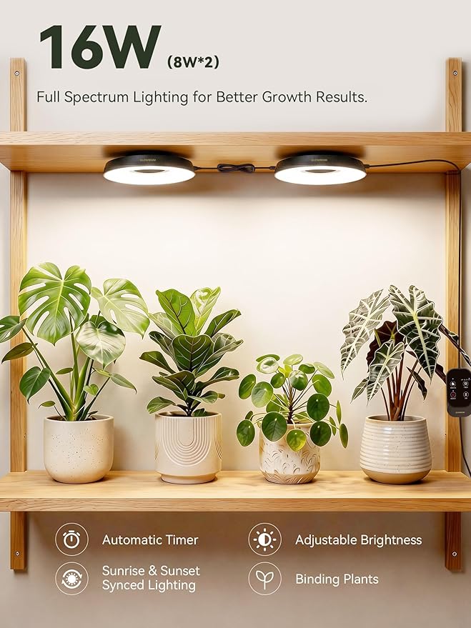 GLOWRIUM Grow Lights for Indoor Plants, Full Spectrum Puck Grow Light with Manual & APP Control, 16W(2 x 8W) Plant Lamp Auto-Timer, Plant Assistant 10 Levels Dimmable for Plant Shelf (2 Packs,Black)