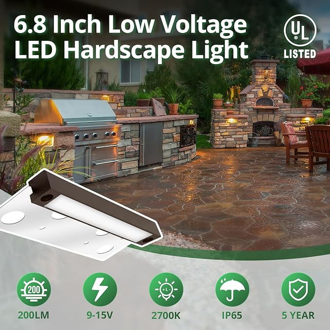 GKOLED 10-Pack Frosted Lens Hardscape Lighting, Retaining Wall Light, 6.8 Inches, Integrated 2700K LED Chips, LED Step Lights, Solid Die-cast Aluminum Housing, Low Voltage 12V AC/DC, UL Listed