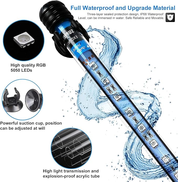 VARMHUS Submersible LED Aquarium Light,Fish Tank Light with 3 Stage Timer Auto Turn On/Off and Remote Controller Custom Adjusts 13 Colors and Brightness,24/7 Cycle RGB-15''