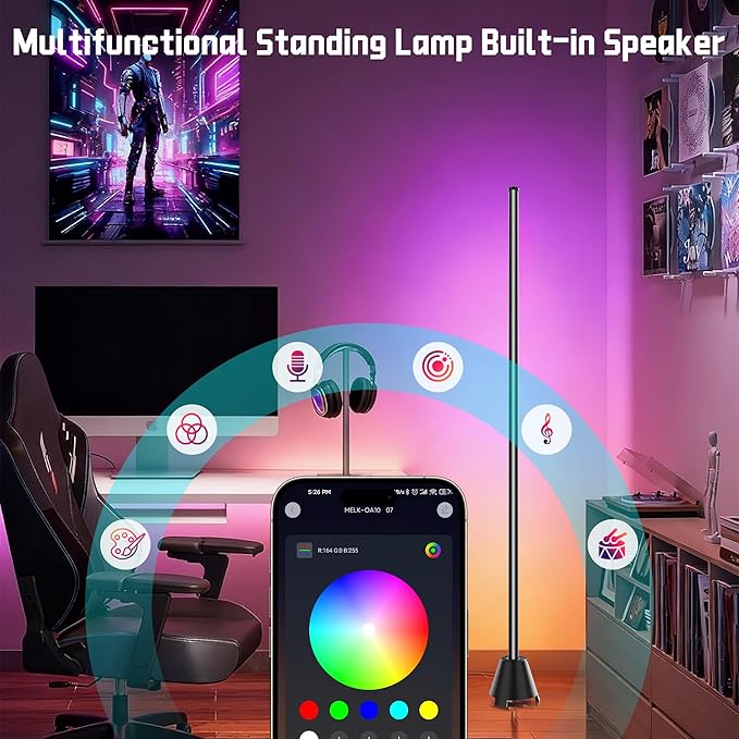 Led Corner Floor Lamp with Speaker, USB Powered Led Lamp App & Remote Control, Color Changing Music Sync IC+RGB, Timer, Music Mode Standing Lamps for Living Room Lamp Bedroom Gaming, 1 Pack