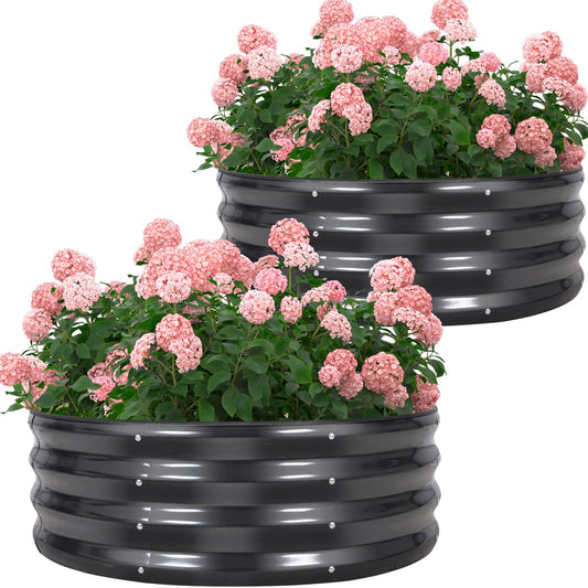 Permade Galvanized Raised Garden Bed- 2Pcs Metal Planter Boxes Outdoor | 12" Tall 36" Round Steel Raised Bed Kit & Fire Pit Ring for Gardening with Protective Tape for Vegetables, Flower (Grey)