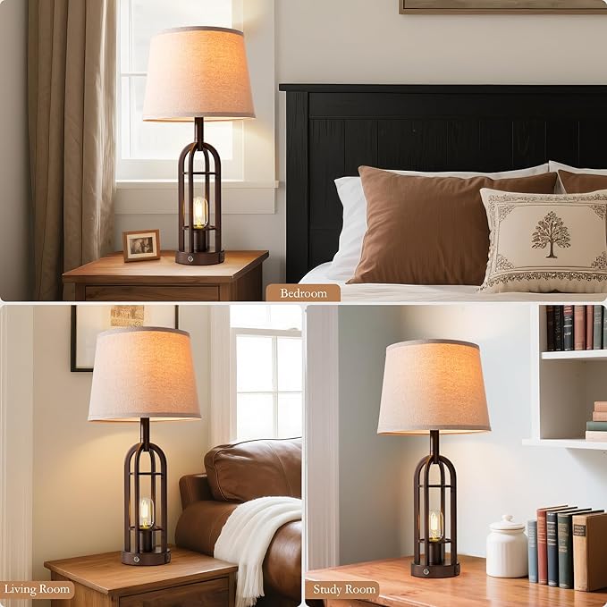 24" Table Lamps for Living Room Set of 2, Rustic Farmhouse 3-Way Dimmable Touch Industrial Bedside Lamps with USB A+C for Bedroom Nightstand，4 Bulbs Included