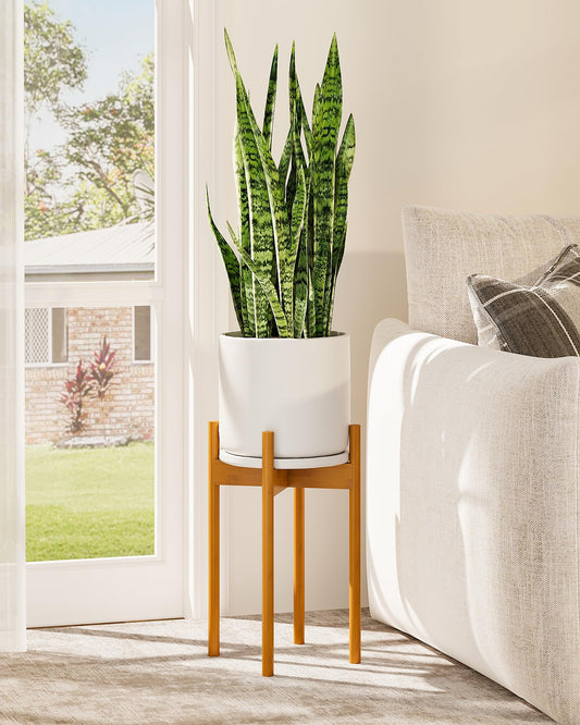 GENTINGBRO Adjustable Plant Stand Indoor, Bamboo Plant Stand Fits 8 9 10 11 12 Inches, Small Corner Planter Holder for Indoor Plants, Single Floor Plant Stands for Living Room Balcony, Light Brown Tall