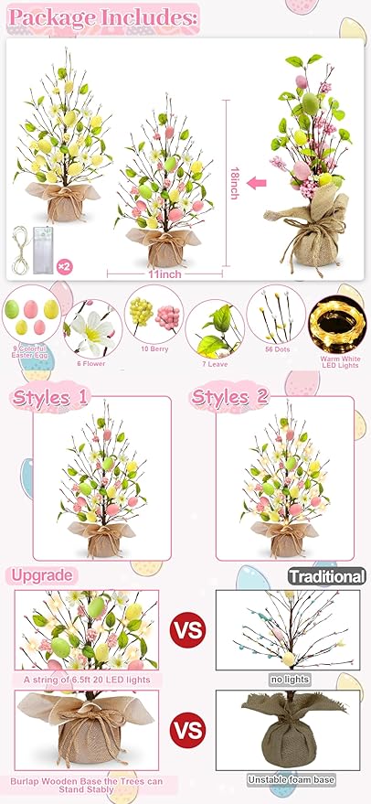 2 Pack & Timer - Easter Decorations, 18 Inch Lighted Easter Tree Tabletop with 40 LED Warm White Lights Colorful Eggs Floral Berries Battery Operated Easter Egg Tree Home Indoor Party Spring Decor