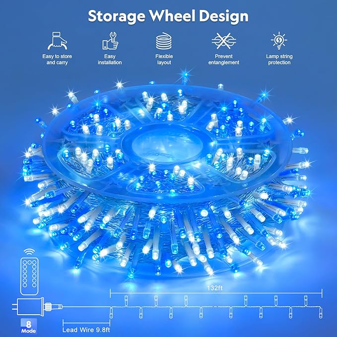 JMEXSUSS 400 LED Christmas Lights Indoor Outdoor, 132 ft 8 Modes Blue and White String Lights Plug in with Remore, Christmas Tree Lights for Bedroom Party Outside Patio Tree Holiday Xmas Decorations