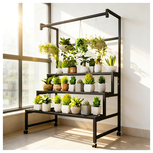 GFFQLXHT 4Tier Sturdy Metal Plant Stand with Wheels, 31x24x65 Inch HighBlack Multiple Tiered Flower Display ，Heavy Duty Succulent Shelf for Home Indoor and Outdoor，Stair Shape，440 LBS Capacity (31in)