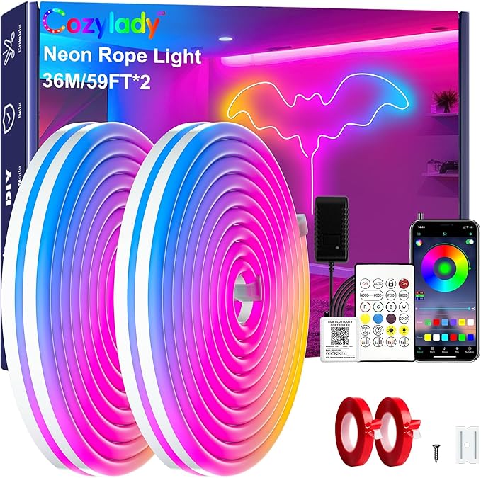 Cozylady 120Ft (60Ft * 2 Rolls) RGB LED Neon Rope Lights for Bedroom, 36m LED Strip Lamp with Double Sided Adhesive Tape, App/Remote Control DIY Lights Decorate The Outdoor and Indoor of Your Home