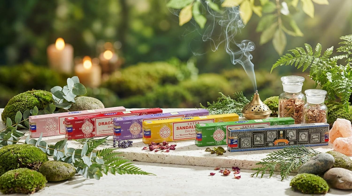 Satya Incense Gift Set - Nag Champa, Dragon's Blood, Sandalwood & More | 15g Variety for Positive Vibes