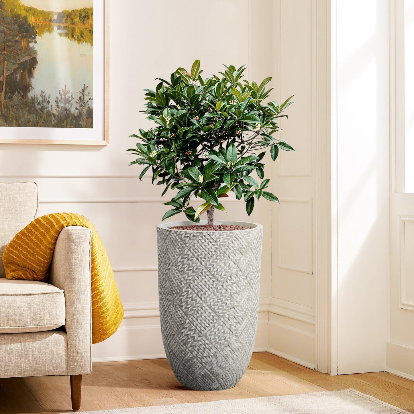 LuxenHome 22" H Concrete Tall Planters, Large Outdoor Indoor Decorative Plant Pots with Drainage Holes and Rubber Plug, Modern Gray Glen Pattern Round Flower Pot Planters for Home Garden Patio Porch
