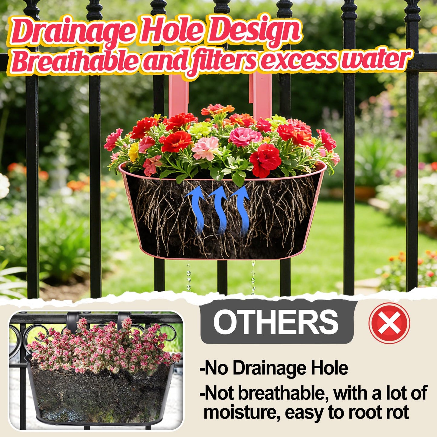 MADHOLLY Railing Planter with Drainage Holes - Sturdy Bucket Pots for Railing Fence, Countryside Style Metal Flower Pots for Herbs Balcony Garden Yard Decor, 4Pcs, Colorful