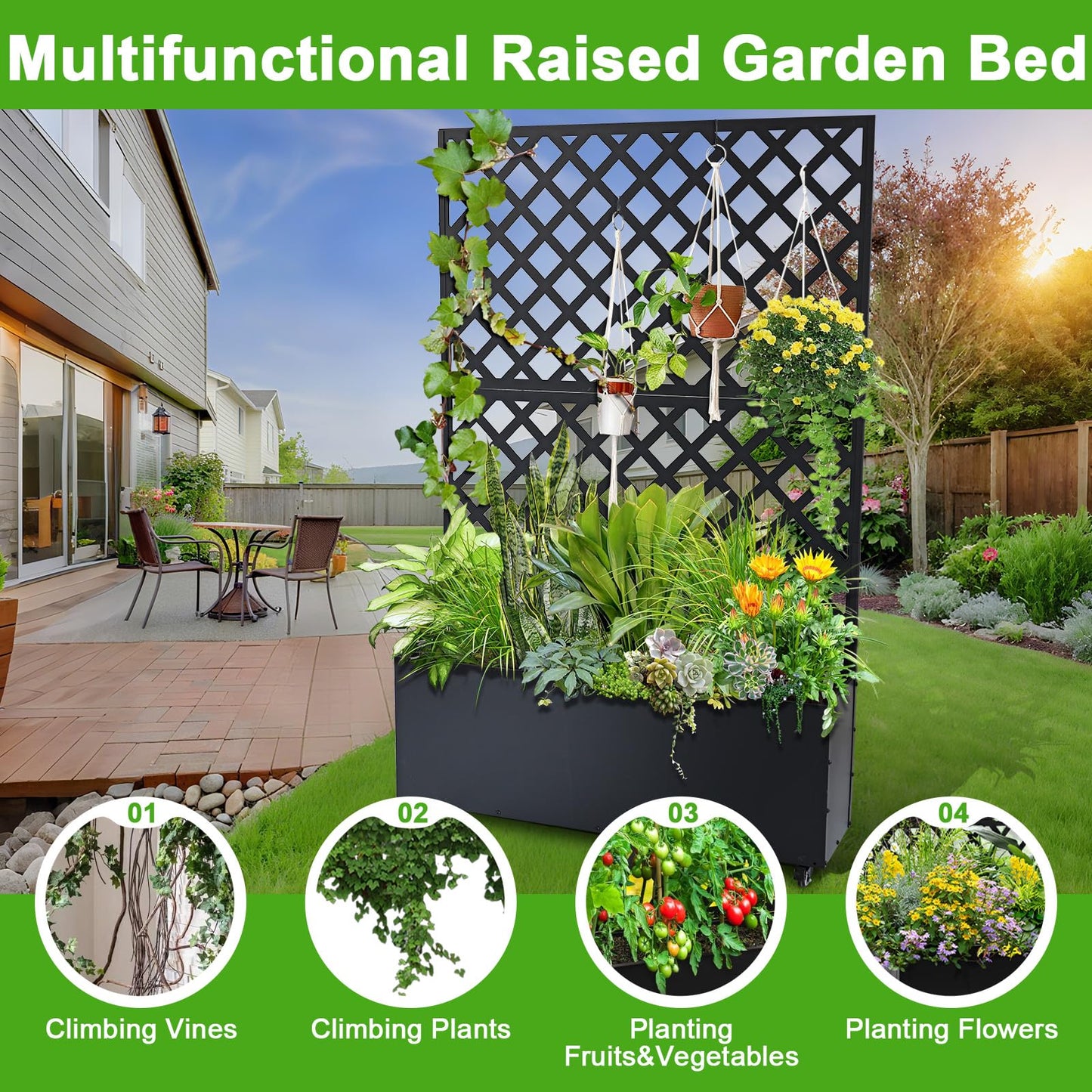 SierraSquad 70.9" x 46.5" x 11.8" Metal Raised Garden Bed with Trellis – Galvanized Planter Box with Drainage Holes & Privacy Screen for Patio, Balcony, Outdoor – Black