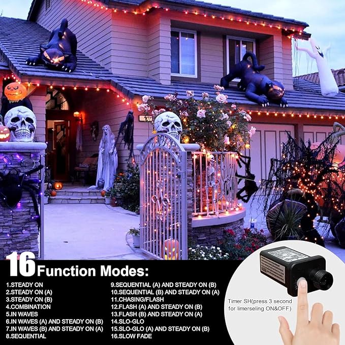 LAMPHOME 33ft Halloween Decorative Mini Lights, 100 LED Green Wire Fairy Starry String Lights Plug in, 11 Lighting Modes, for Halloween Decoration Outdoor Xmas Tree Party Decoration (Orange)