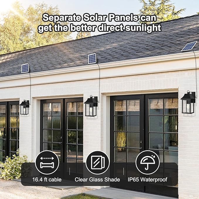 OKELI Porch Lights Outdoor Dusk to Dawn Motion Sensor Solar Wall Lantern Separate Panel & Battery Replaceable Exterior Waterproof Wall Sconce Lighting Lamp (Black A, 1 Pack)