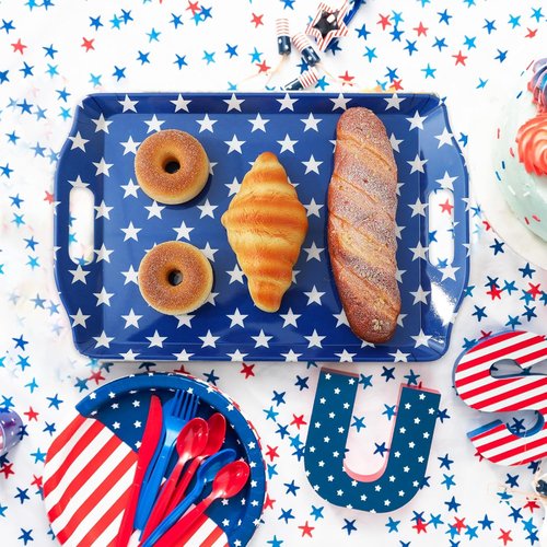 FYSUIMU Patriotic Serving Trays - 4Pcs American Flag Plastic Trays with Handles | 10 x 15 In for 4th of July