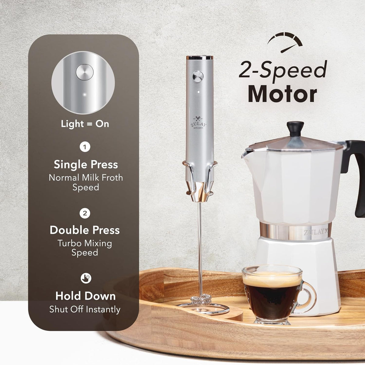 Zulay Kitchen Rechargeable Milk Frother - Powerful 2-Speed Motor, 2000mAh Battery | Handheld Mixer for Latte, Cappuccino & Matcha - Silver