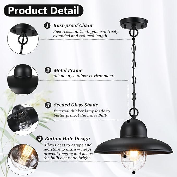 Outdoor Pendant Lights for Porch 12", Outdoor Farmhouse Hanging Light Fixture with Adjustable Chain and Bubble Glass, Black Rustic Exterior Pendant Light for Front Door, Gazebo, Entryway, Patio