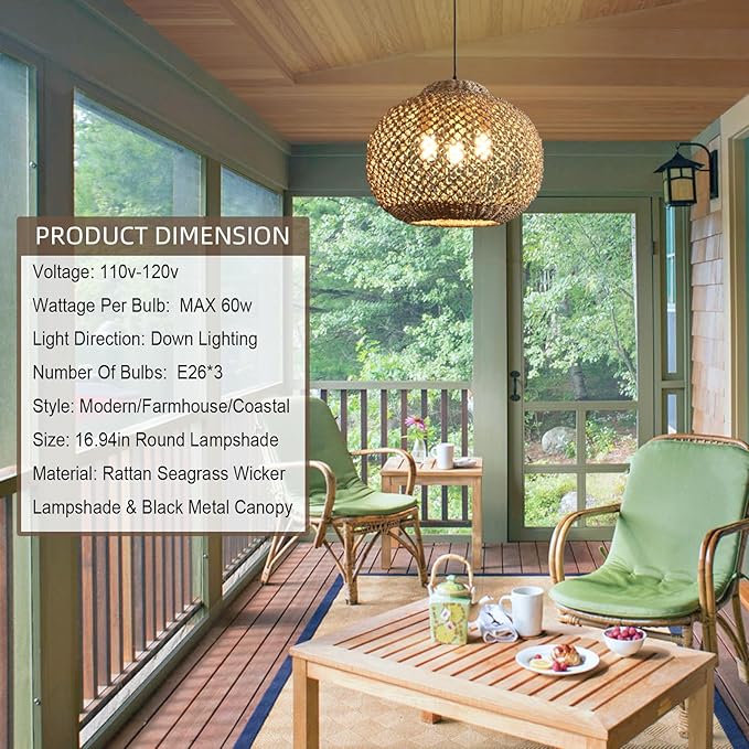 1-Pack 16.94” Rattan Pendant Light Fixture,3-Light Bohemian Handmade Woven Bamboo Rattan Ceiling Suspension Farmhouse Pendant for Kitchen Island Bedroom Living Room