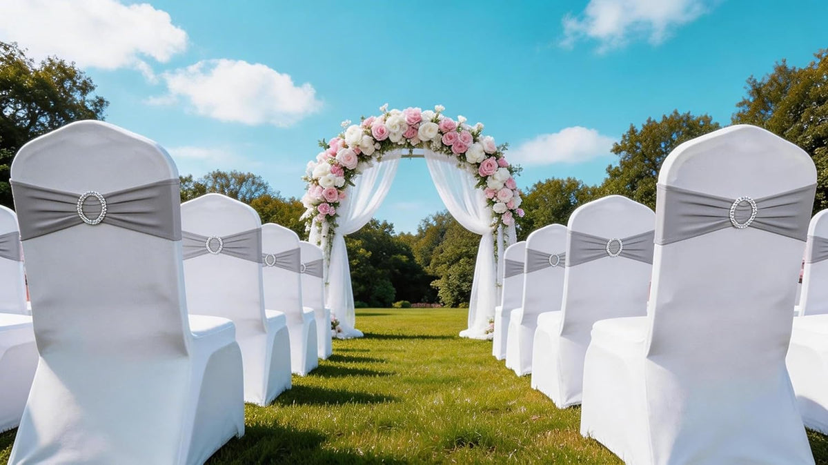 Skiennix 50 Pack Spandex Chair Sashes - Silver Grey with Slider Buckles for Weddings & Events