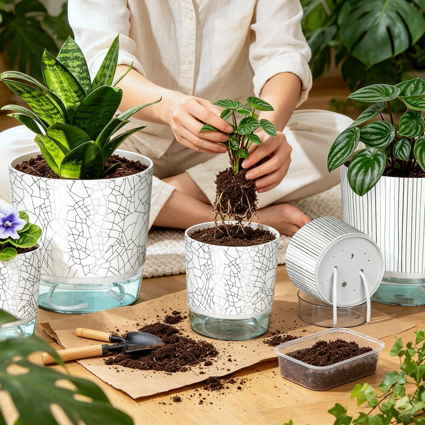 Samhe Self Watering Pots for Indoor Plants, 4/5.5/6.3 Inch Plant Pots Indoor Outdoor with Drainage Holes, Deep Reservoir, Plastic Self Watering Flower Pots