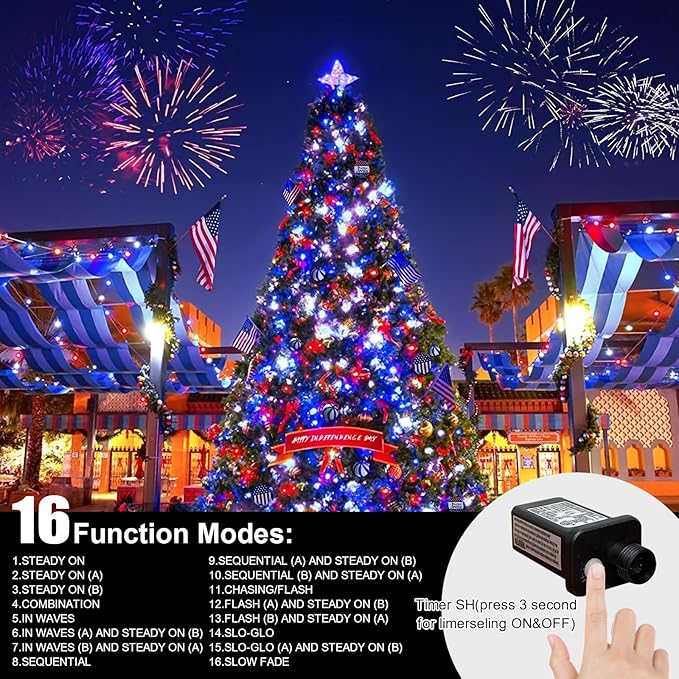 LAMPHOME 165ft 500 LED Red White and Blue Patriotic String Lights, 16 Modes Red White Blue Lights Plug in, 4th of July Lights Outdoor for Independence Day Memorial Day 4th of July Decoration