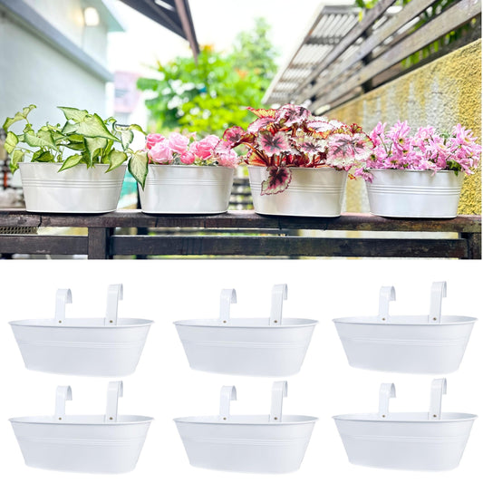 LaLaGreen Outdoor Plants Rail Planter (15 Inch, 6 Pack) White Metal Iron Hanging Flower Pot Deck Railing Fence Bucket Modern Boho Style Wall Mount Window Box Plant Holder Hooks Porch Herb Garden Decor