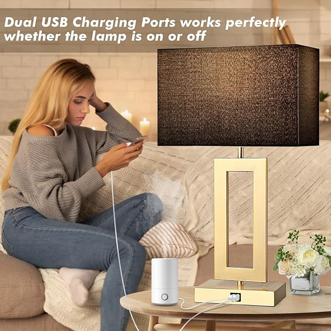 Black Table Lamps Set of 2 with Dual USB Ports,3-Way Dimmable Touch Control Bedside Lamps,22inch Tall Modern Bedroom Table Lamp for Living Room,Nightstand LED Bulbs Included