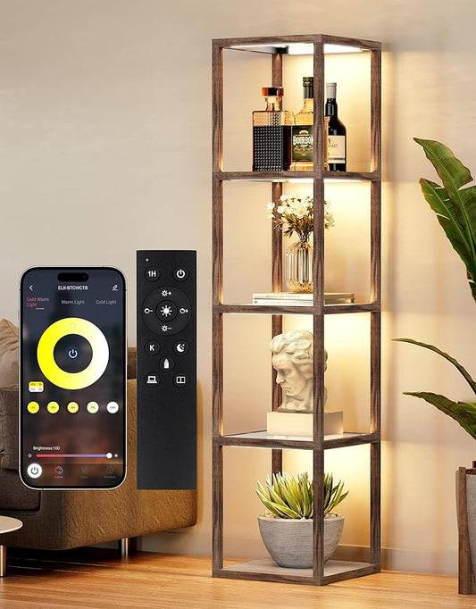 PARTPHONER Floor Lamp Glass Display Shelf with Remote/APP Control, Dimmable LED Floor Lamp with Shelves, Open Display Cabinet, Color Temp Control (2700K-6000K), Oak Gray