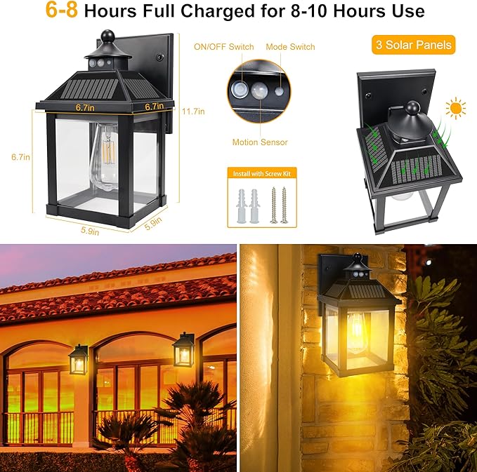 Solar Wall Lights Outdoor, Dusk to Dawn Porch Lights Fixture, Motion Sensor Exterior Solar Sconce Waterproof with 3 Lighting Modes Wall Mounted for Garage Patio Front Door Backyard Entryway