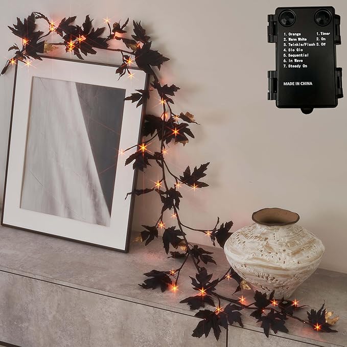 Hairui Lighted Black Maple Garland with Timer 48 LED Orange and Warm White Fairy Lights, Halloween Garland with Lights 6FT Battery Operated with 10 Functions for Fireplace Table Halloween Decoration