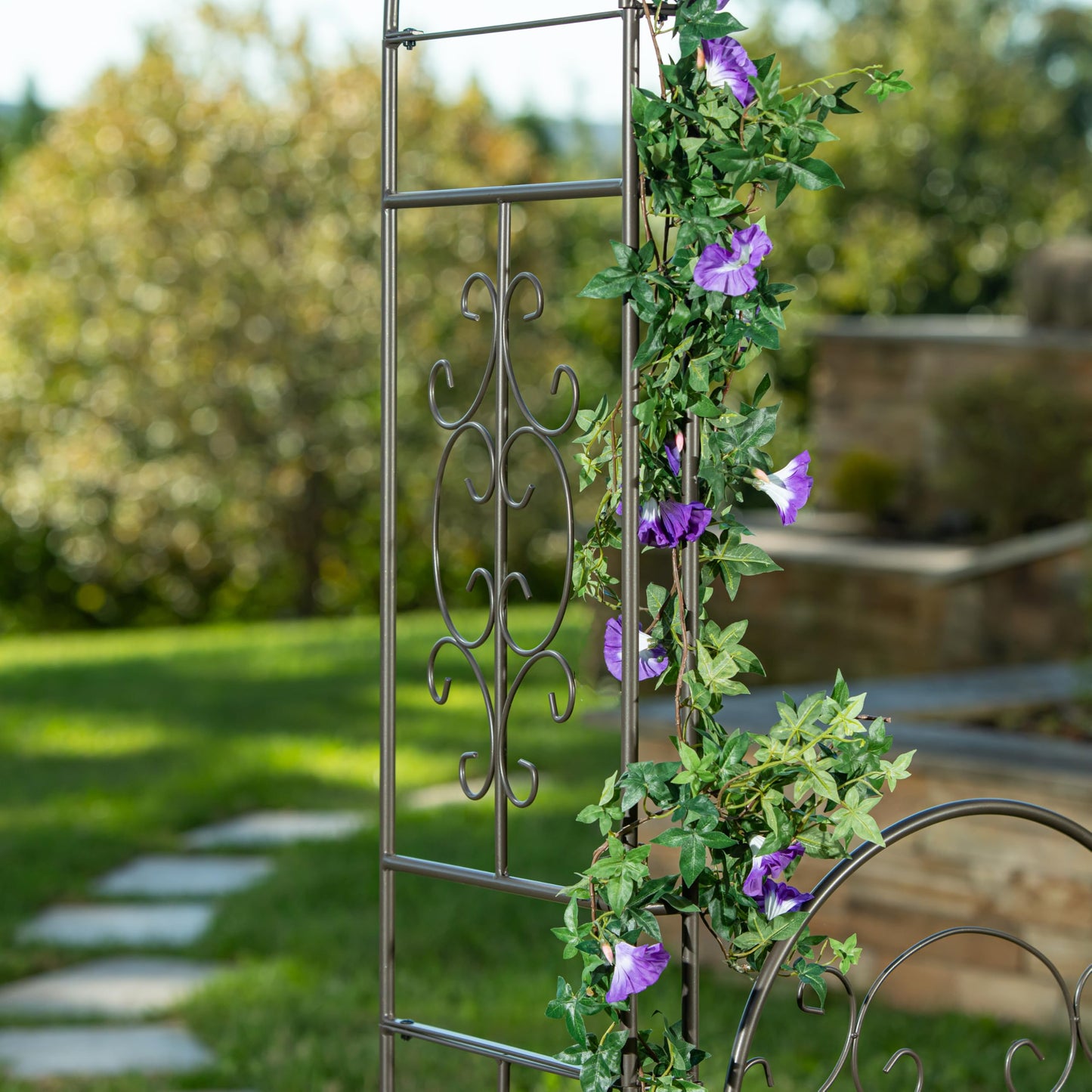 Plow & Hearth Arch Metal Outdoor Garden Arbor, 84 inches Tall, Iron Trellis Lattice for Climbing Plants, Wedding Arch, Outdoor Patio Décor (Montebello-Gunmetal with Gate)