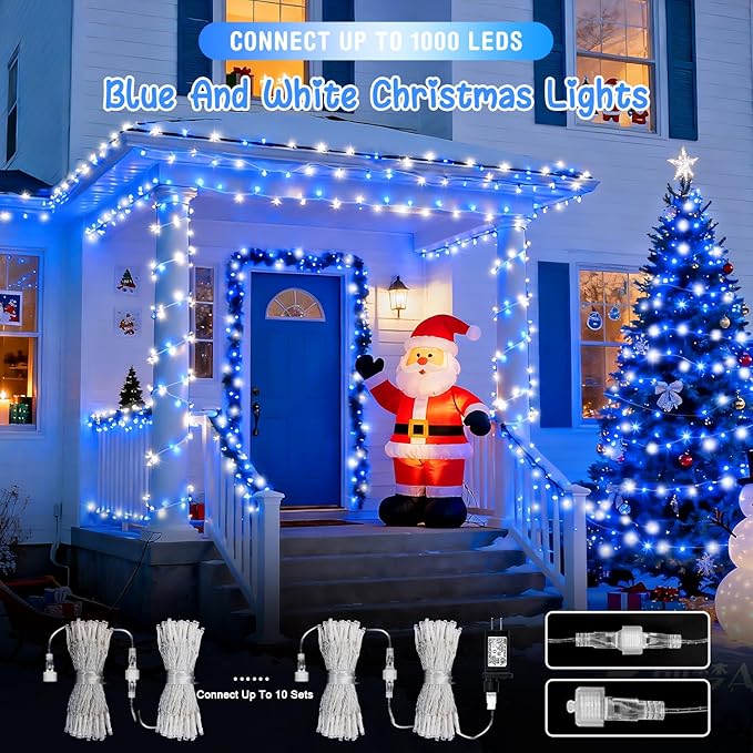 JMEXSUSS 2 Pack 100 LED Blue and White Christmas Lights, 33ft 8 Modes Christmas String Lights Indoor Outdoor, Clear Wire Plug in Twinkle Light for Xmas Bedroom Party Decorations