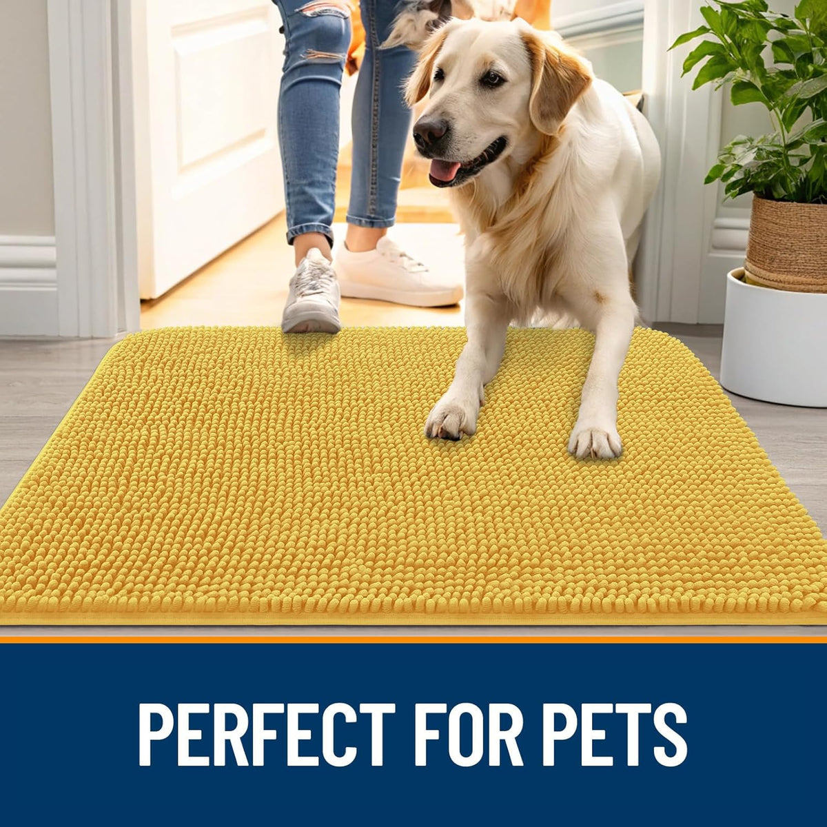 OLANLY Dog Door Mat - Absorbent Non-Slip Chenille Mat for Muddy Paws | 36x24 Inches, Quick Dry, Yellow