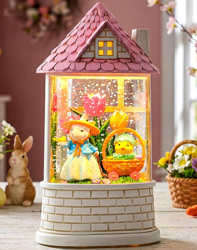 Easter Snow Globe Lantern Bunny Easter Decorations for Home with Timer Swirling Glitter, Lighted Indoor Decor Gifts with Basket Eggs Chicken, USB or Battery Operated