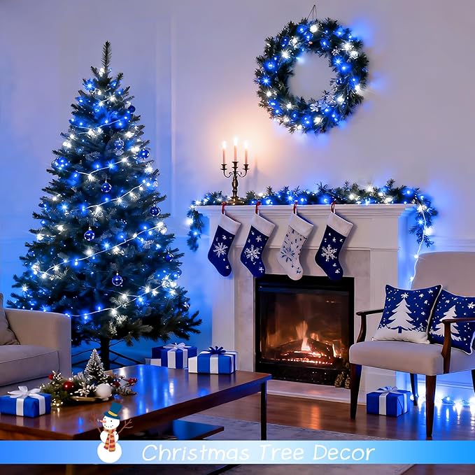 JMEXSUSS 2 Pack 100 LED Blue and White Christmas Lights, 33ft 8 Modes Christmas String Lights Indoor Outdoor, Clear Wire Plug in Twinkle Light for Xmas Bedroom Party Decorations