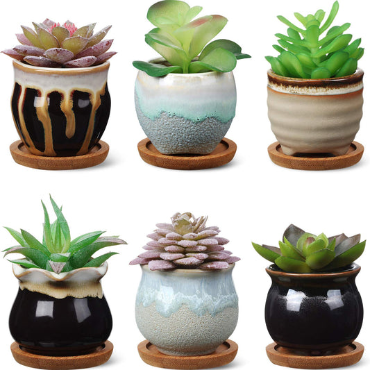 BBTO 6 Set Mini Succulent Pots Bulk with Drainage and Bamboo Tray 2.9 x 3.1 Inch Small Cute Ceramic Succulent Planter Pot Garden Glaze Container Ideal Present for Cactus Office Home Decoration Gift