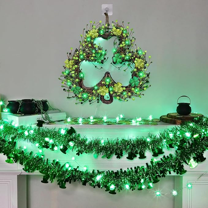 St Patricks Day Decorations, Shamrocks Wreath for Front Door, 20 Green Lights Timer Battery Operated 18 Inch 10 Shamrocks 162 Berries Battery Operated Spring Artificial Wreath St. Patrick's Day Decor