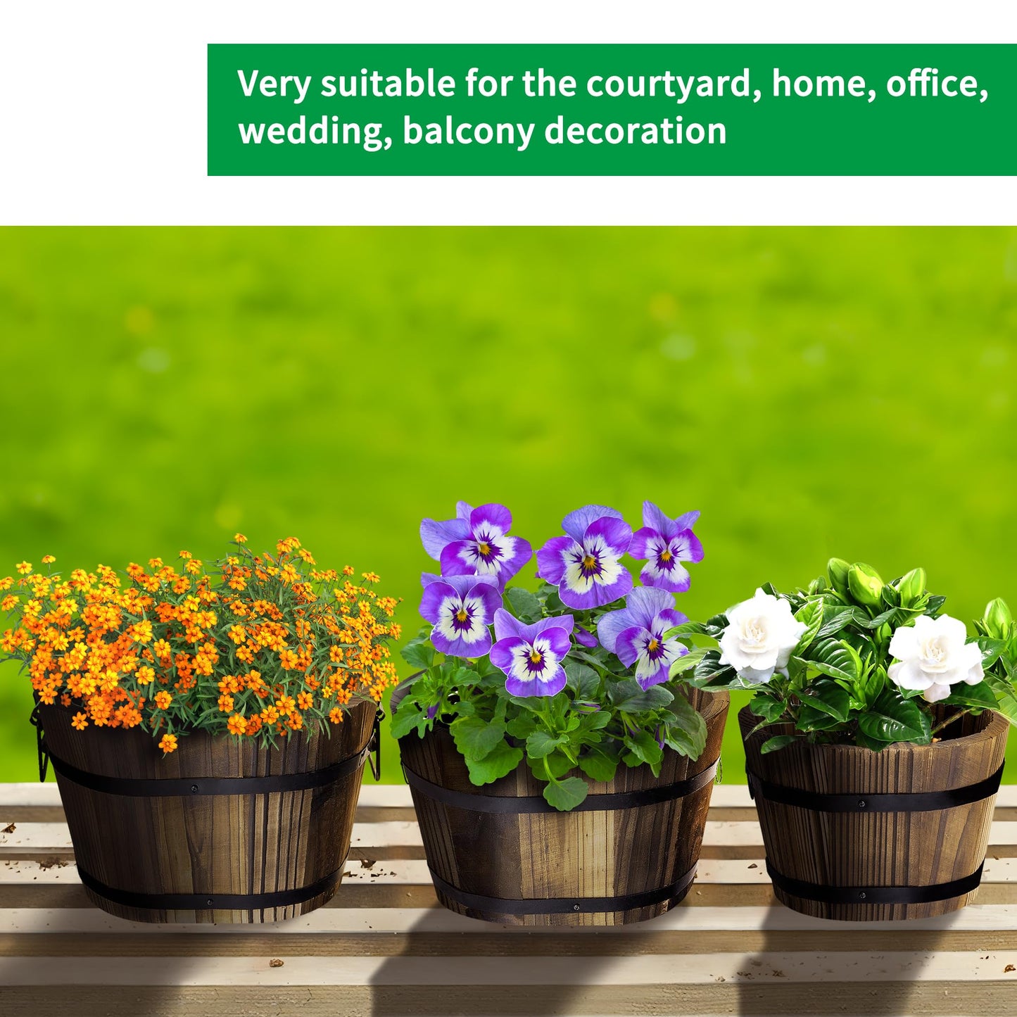 Adnee 3 Pcs Wooden Whiskey Barrel Planters - 3 Sizes Wooden Bucket Barrel Garden Planters Set - Rustic Flower Planters Pots Container for Indoor Outdoor Garden Home Plants(5.3",7.3",8.3")