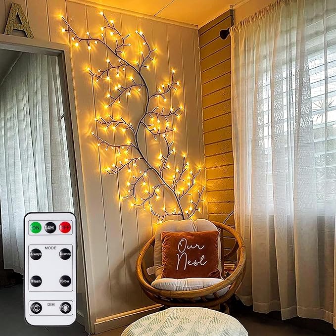 GOESWELL Enchanted Willow Vine Lights with Remote: 7.5Ft 144 LEDs Brown Twig Tree Branch Lights with Timer Dimmer for Indoor Living Room Bedroom Forest Boho Farmhouse Christmas Decor
