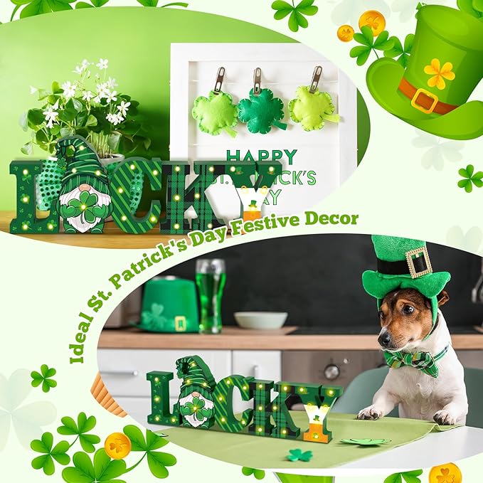 Menkxi St Patricks Day LED Wooden Sign St. Patrick's Day Table Decorations Wooden Lucky Decor Saint Patty's Tiered Tray Decor Light up Irish Table Centerpiece for Home Party Desk Office Room